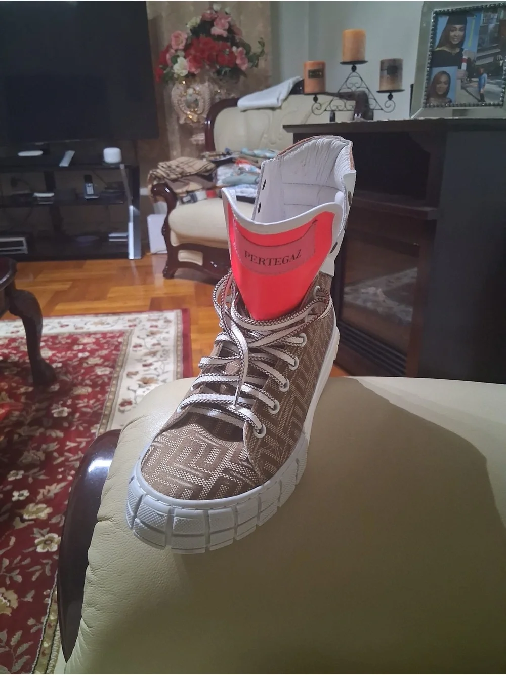 Men’s Brown Patterned High-Top Sneakers with Orange Accent